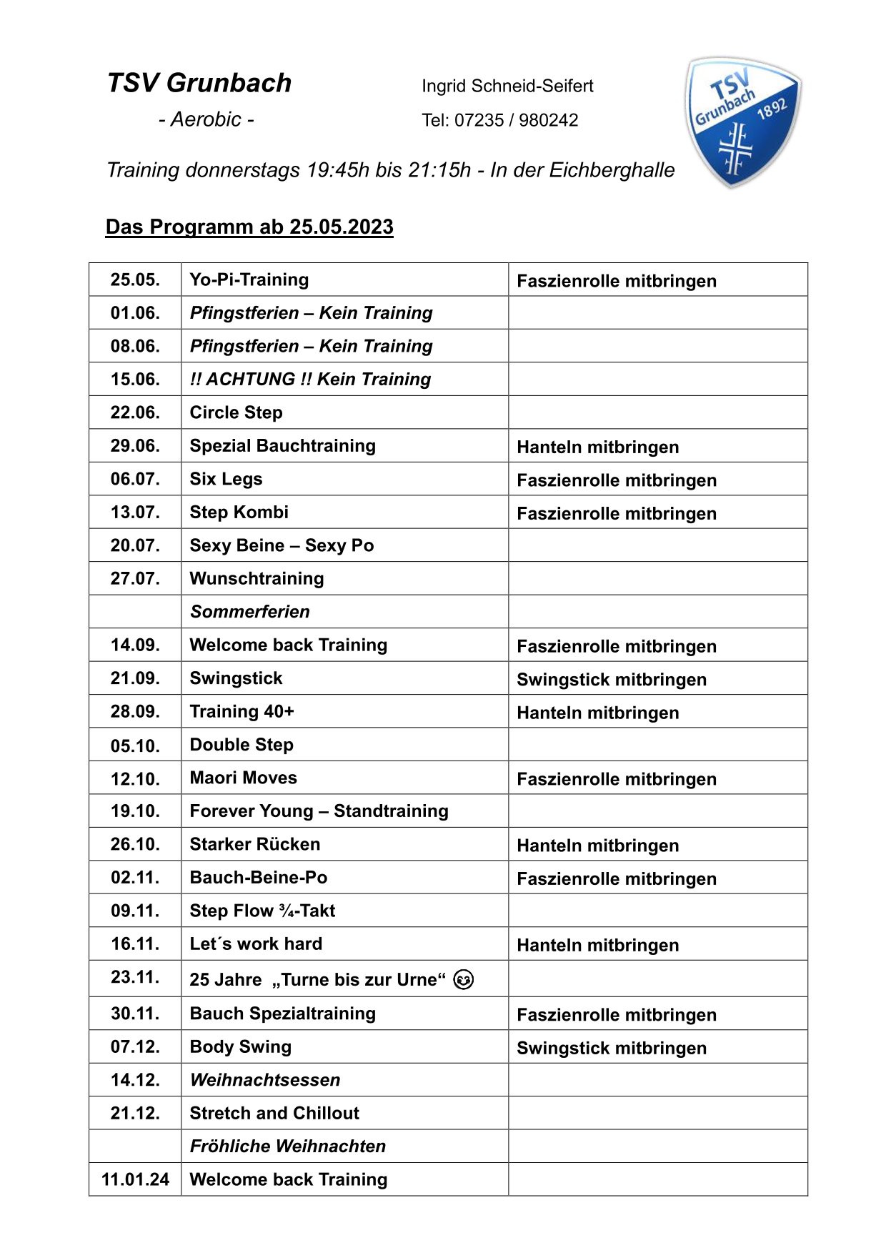 TSV Grunbach Trainingsplan Aerobic 2023 Juni